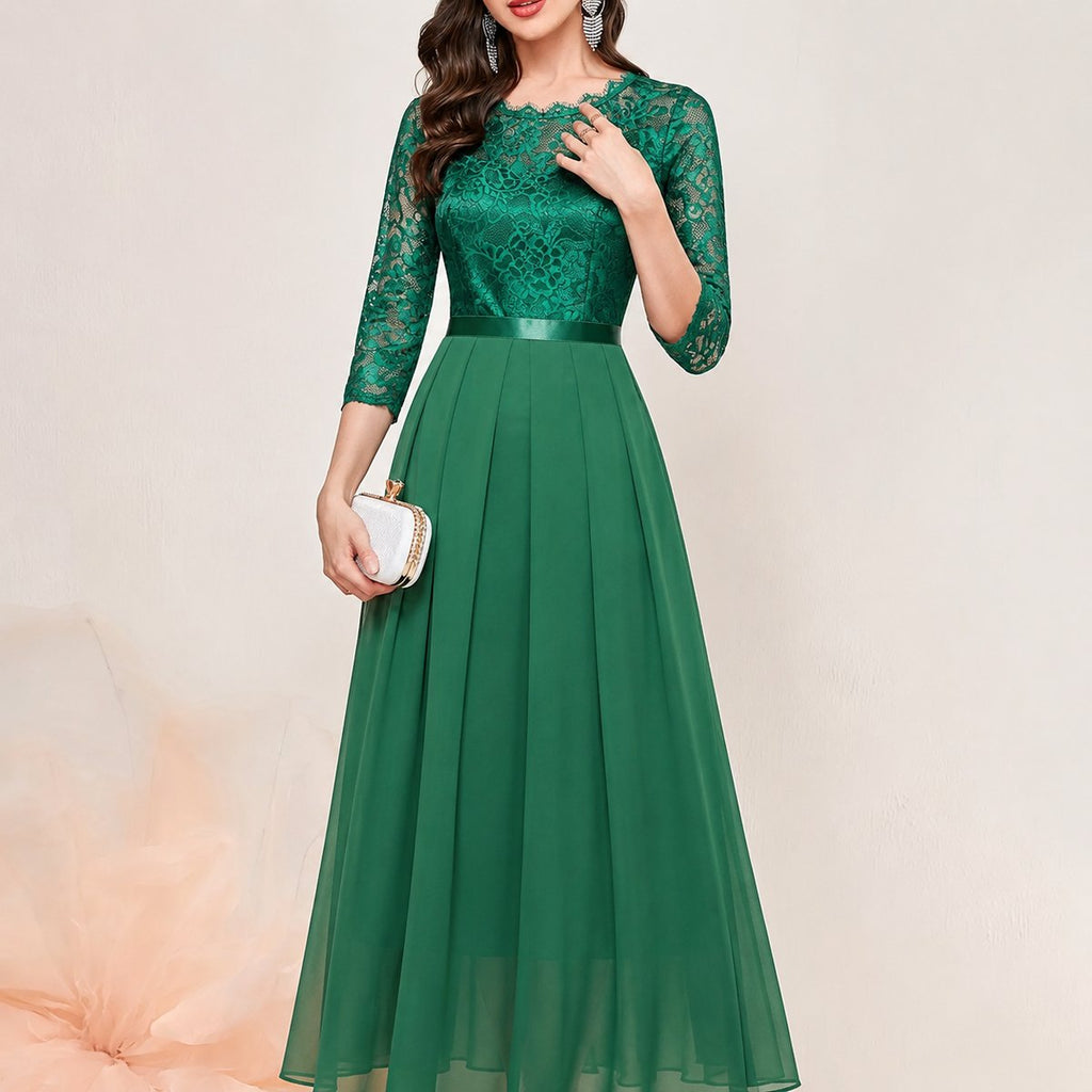 Women's Lace Bodice Pleated Chiffon Maxi Formal Dresses 3/4 Sleeve - Green