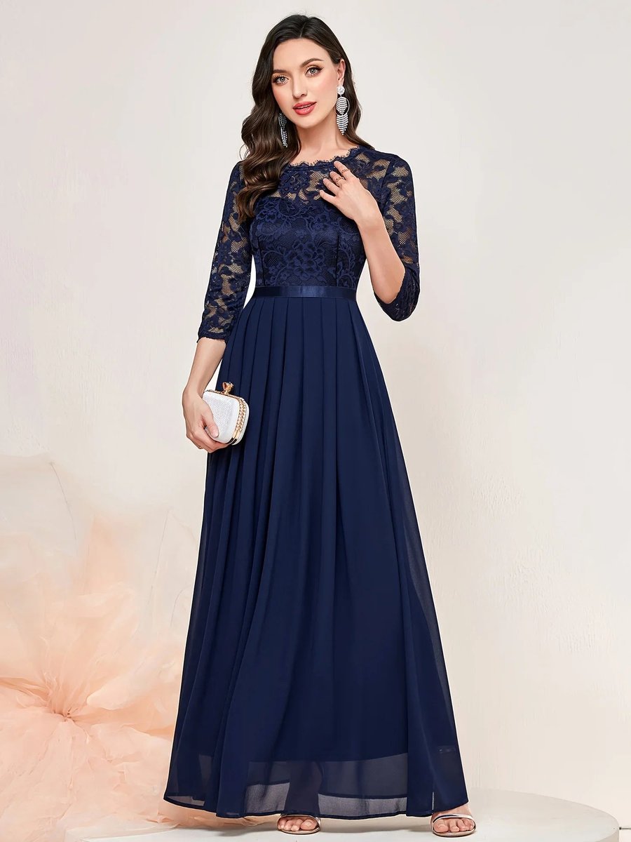 Women's Lace Bodice Pleated Chiffon Maxi Formal Dresses 3/4 Sleeve