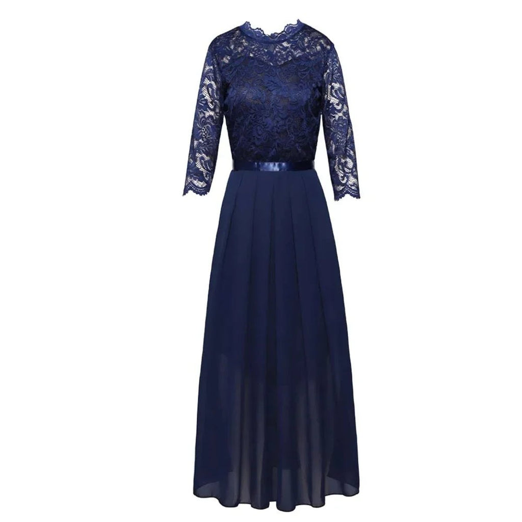 Women's Lace Bodice Pleated Chiffon Maxi Formal Dresses 3/4 Sleeve