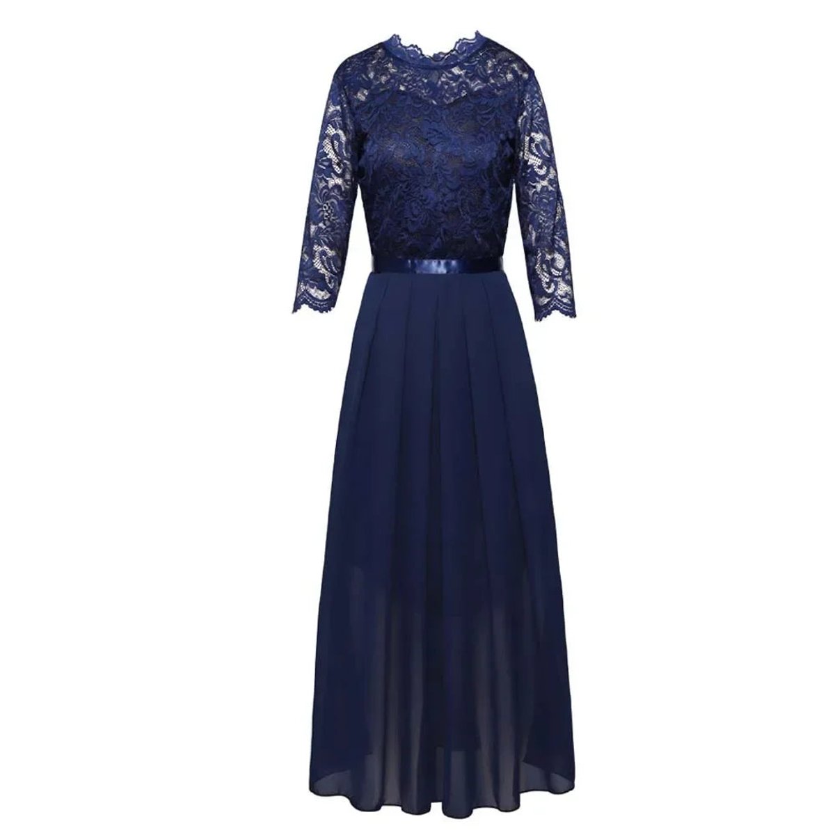 Women's Lace Bodice Pleated Chiffon Maxi Formal Dresses 3/4 Sleeve