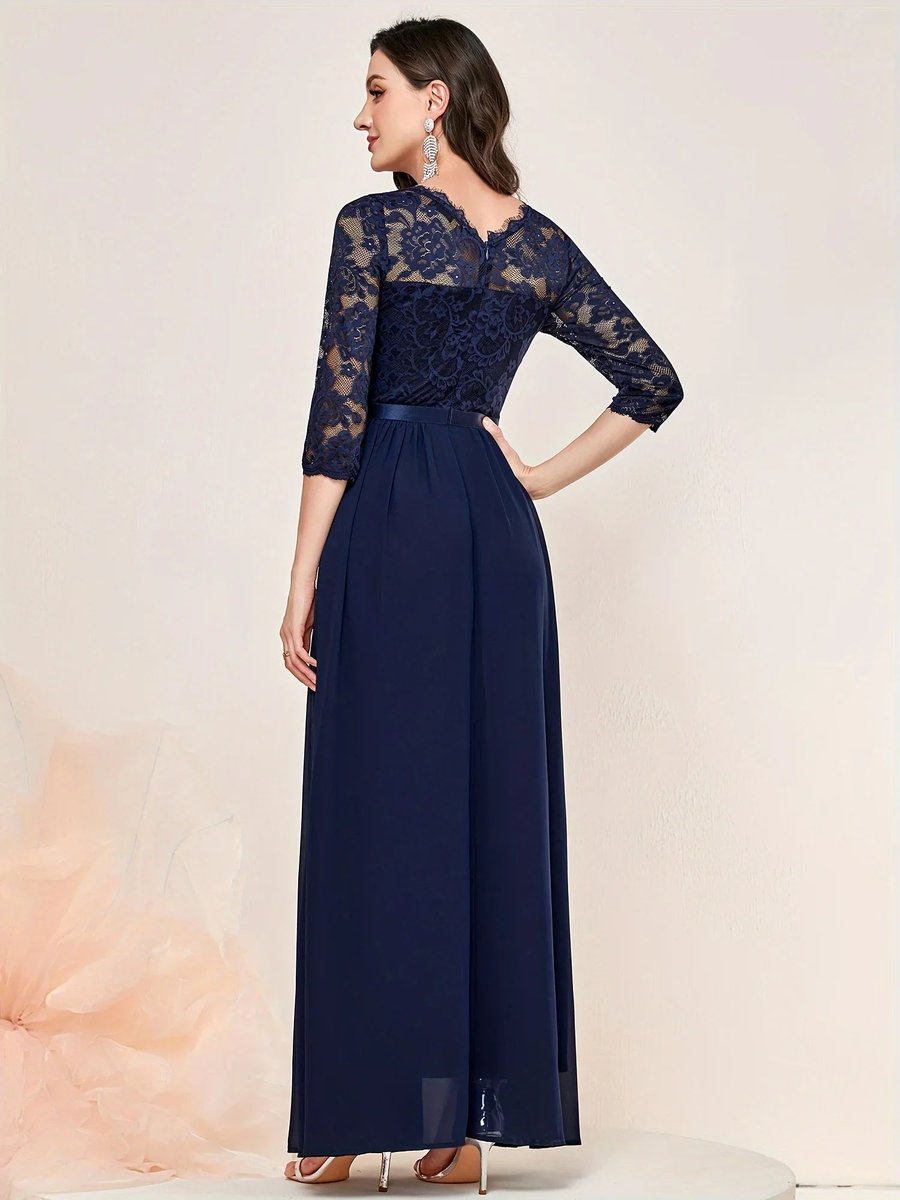 Women's Lace Bodice Pleated Chiffon Maxi Formal Dresses 3/4 Sleeve