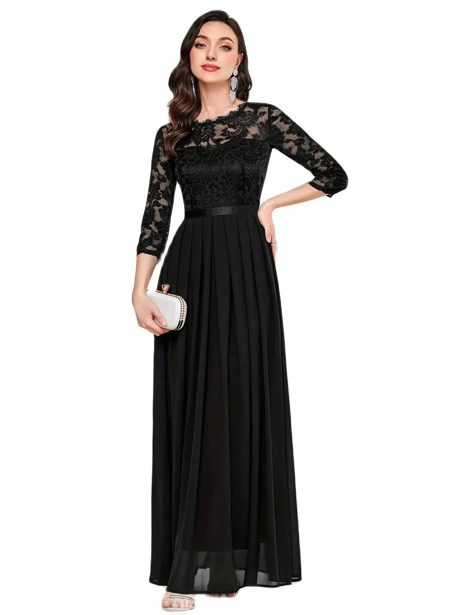 Women's Lace Bodice Pleated Chiffon Maxi Formal Dresses 3/4 Sleeve