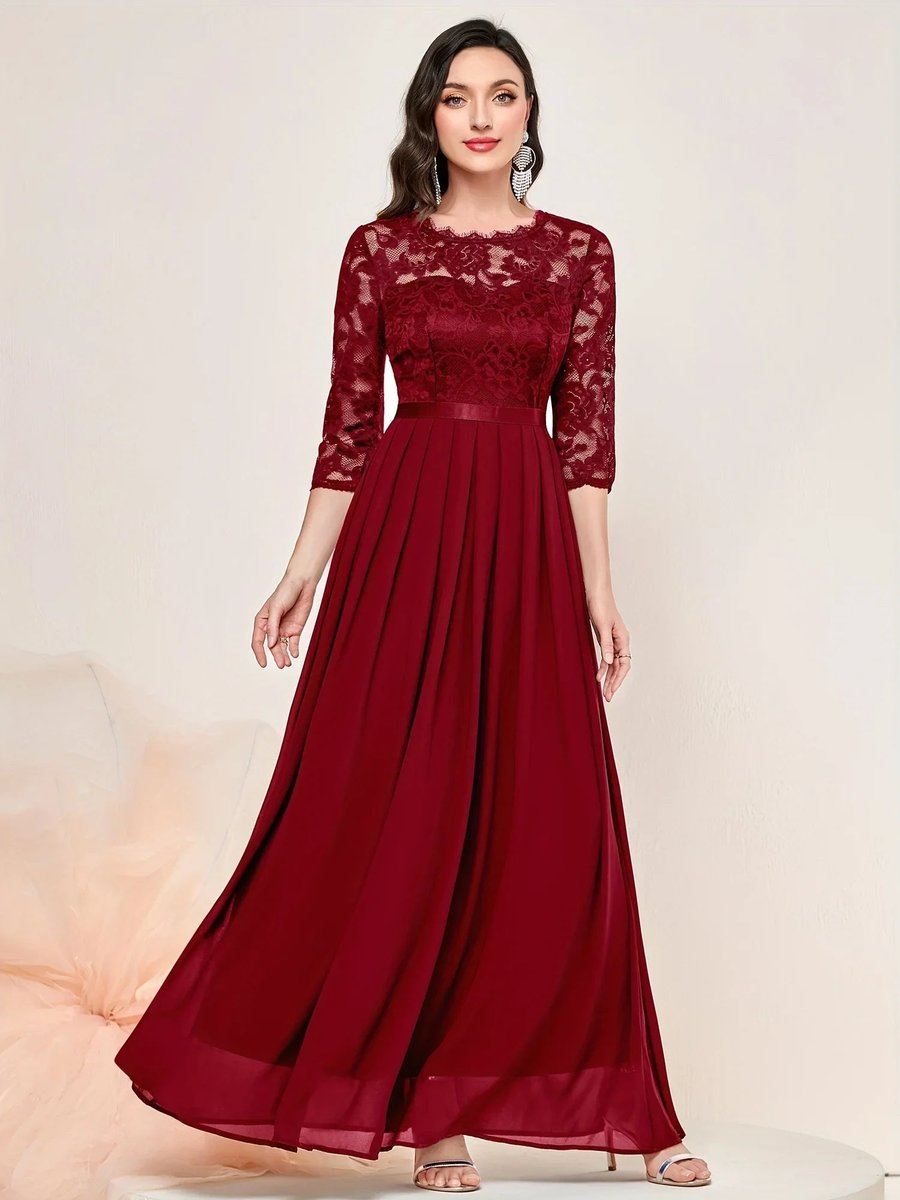 Women's Lace Bodice Pleated Chiffon Maxi Formal Dresses 3/4 Sleeve
