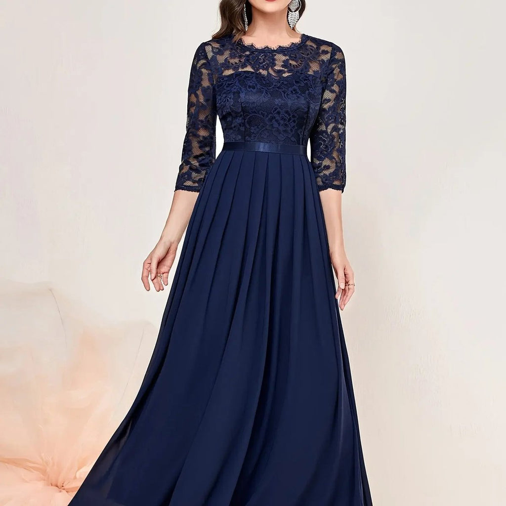 Women's Lace Bodice Pleated Chiffon Maxi Formal Dresses 3/4 Sleeve - Blue