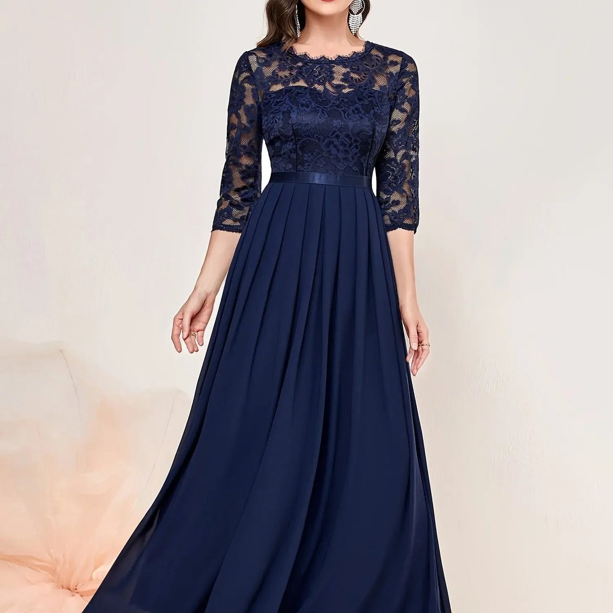 Women's Lace Bodice Pleated Chiffon Maxi Formal Dresses 3/4 Sleeve - Blue