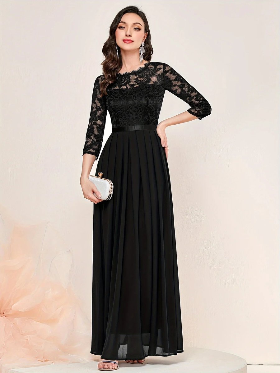 Women's Lace Bodice Pleated Chiffon Maxi Formal Dresses 3/4 Sleeve - Black