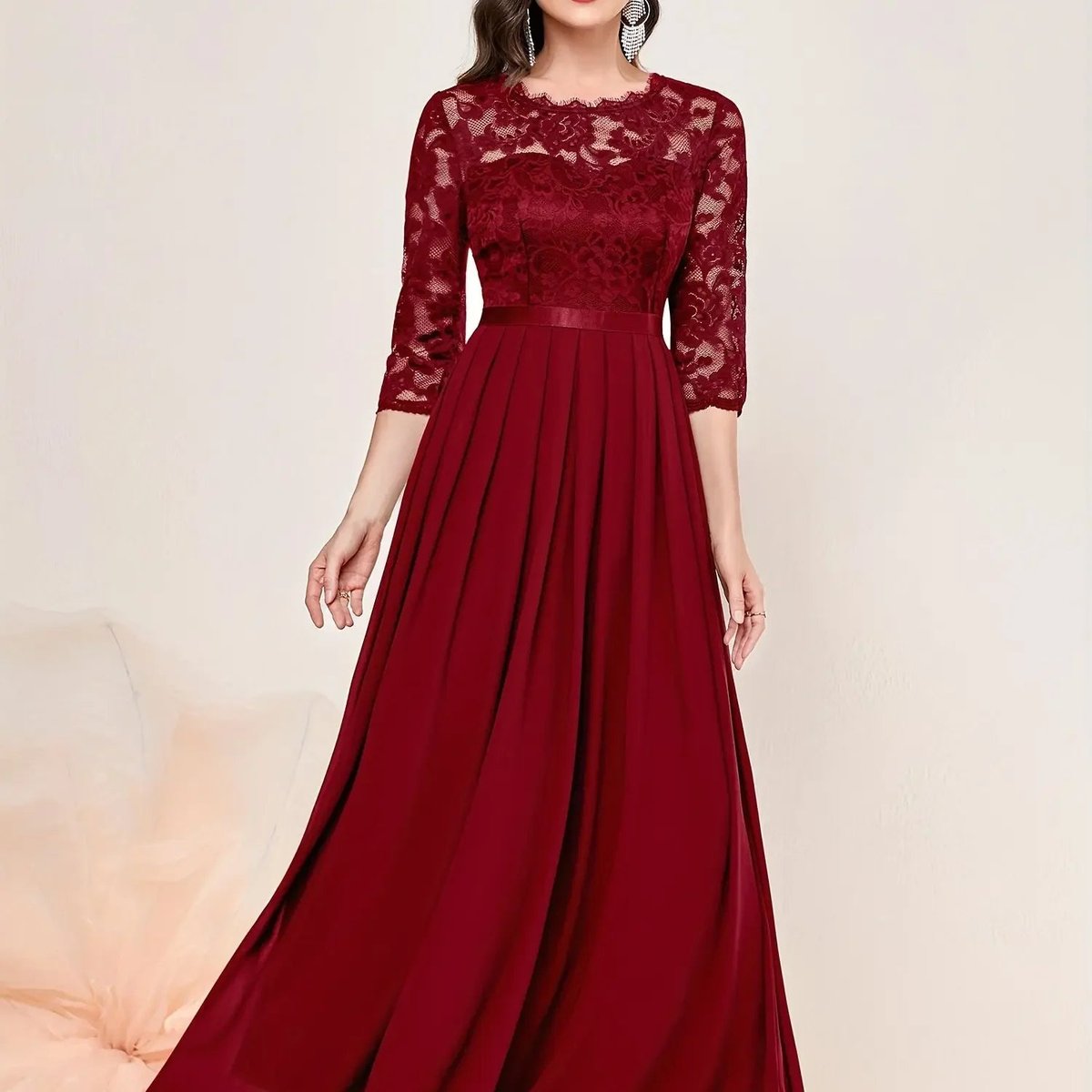 Women's Lace Bodice Pleated Chiffon Maxi Formal Dresses 3/4 Sleeve - Red