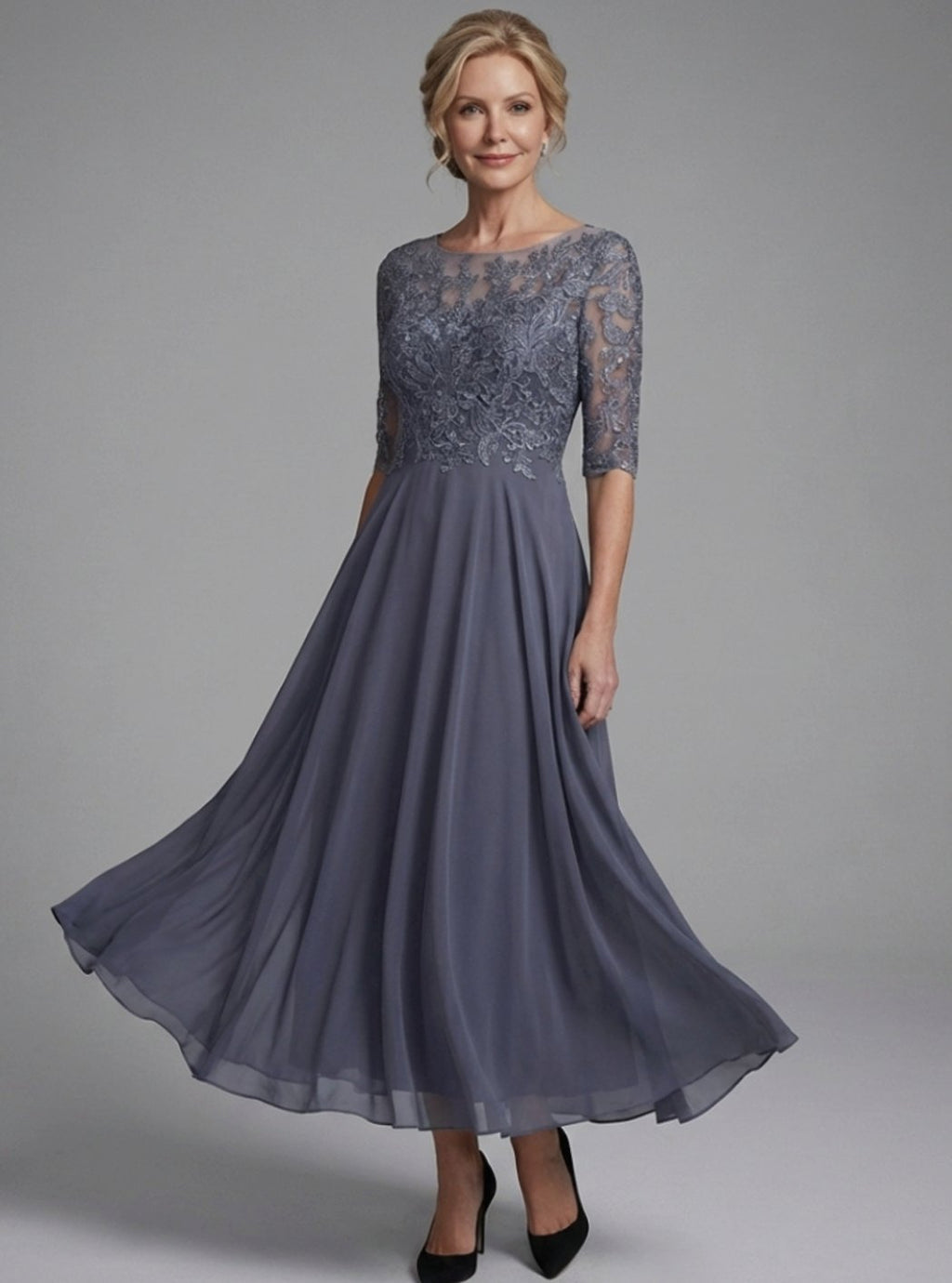 Women's Lace Bodice Sheer Sleeve Midi Cocktail Dress - Blue