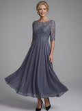 Women's Lace Bodice Sheer Sleeve Midi Cocktail Dress - Blue