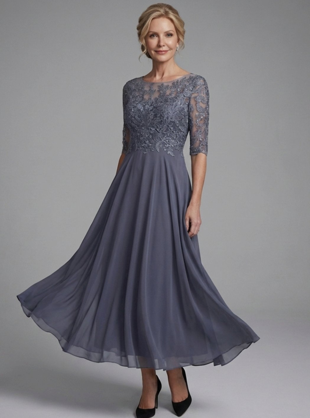Women's Lace Bodice Sheer Sleeve Midi Cocktail Dress - Blue