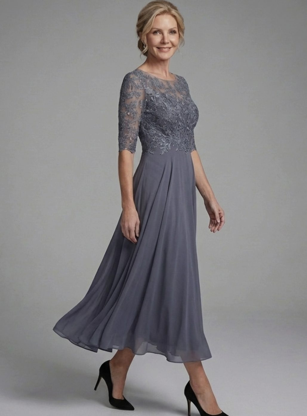 Women's Lace Bodice Sheer Sleeve Midi Cocktail Dress
