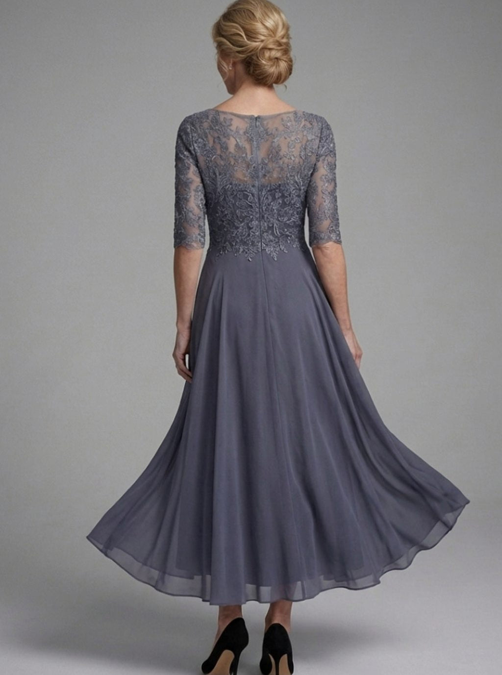 Women's Lace Bodice Sheer Sleeve Midi Cocktail Dress