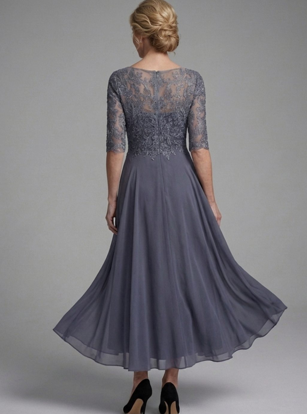 Women's Lace Bodice Sheer Sleeve Midi Cocktail Dress