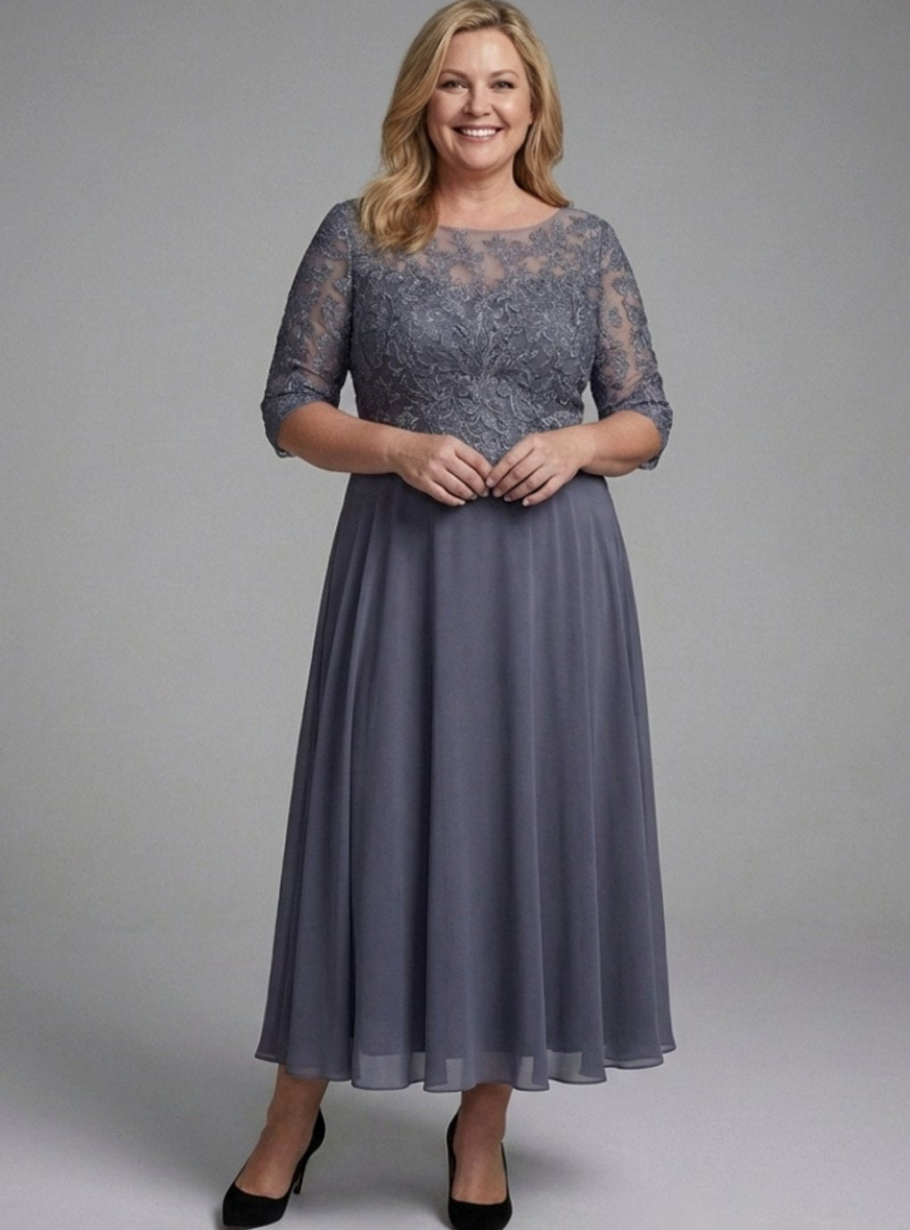 Women's Lace Bodice Sheer Sleeve Midi Cocktail Dress