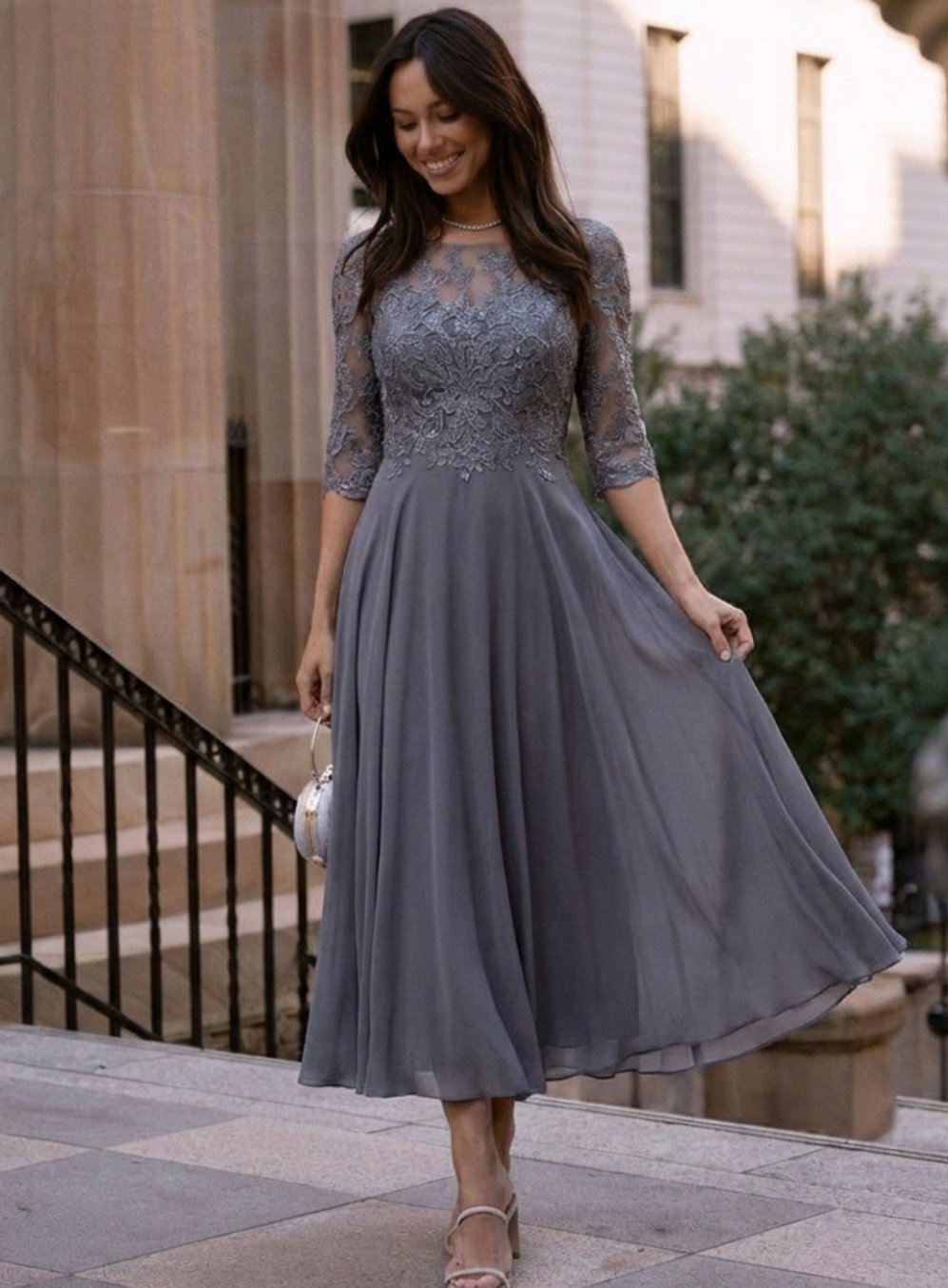 Women's Lace Bodice Sheer Sleeve Midi Cocktail Dress
