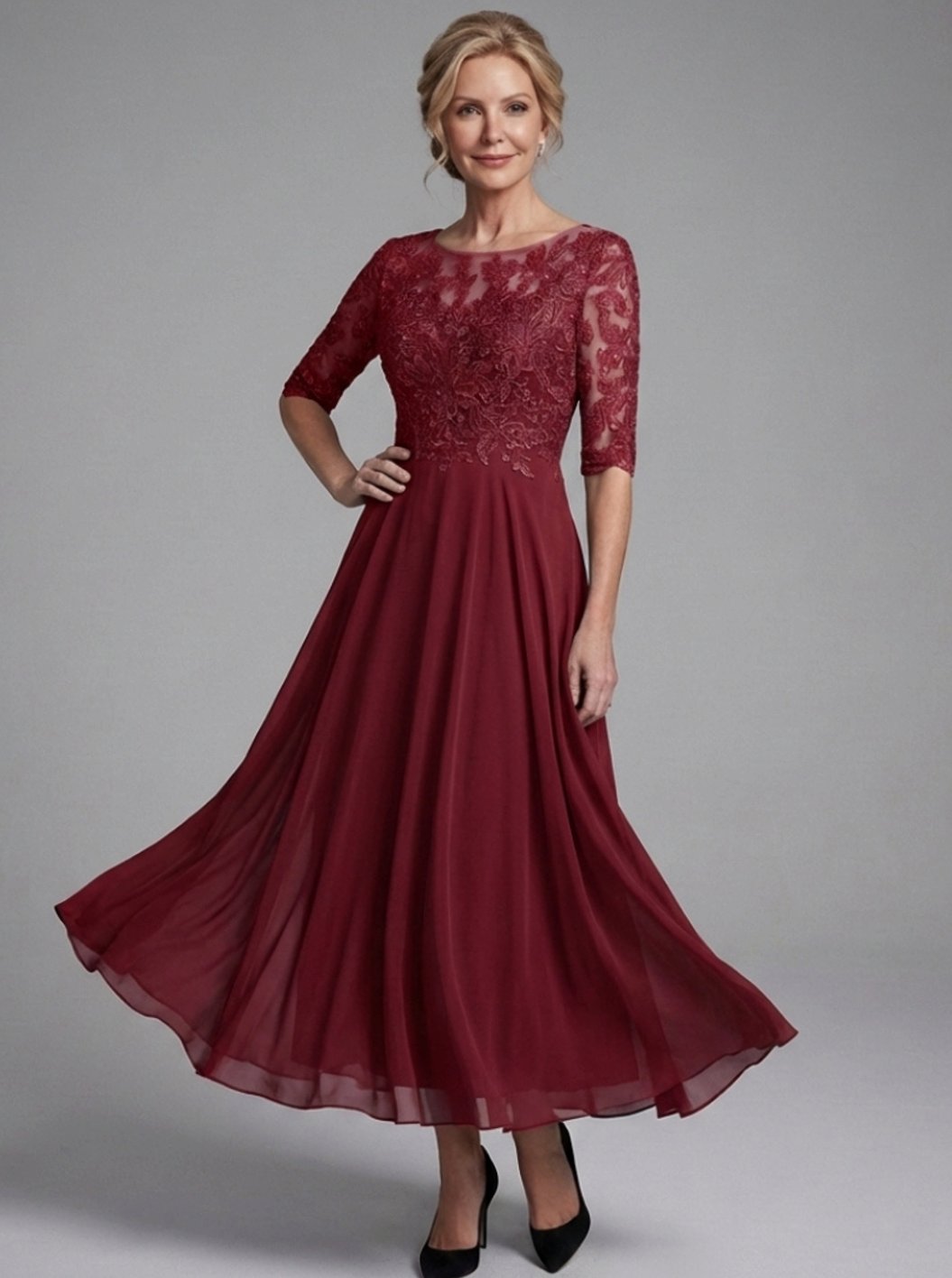 Women's Lace Bodice Sheer Sleeve Midi Cocktail Dress - Burgundy