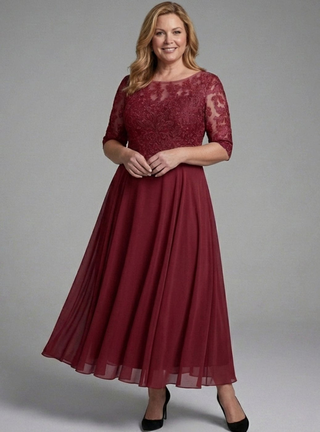 Women's Lace Bodice Sheer Sleeve Midi Cocktail Dress