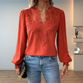 Women's Lace Bodice V-Neck Long Sleeve Blouse - Terracotta