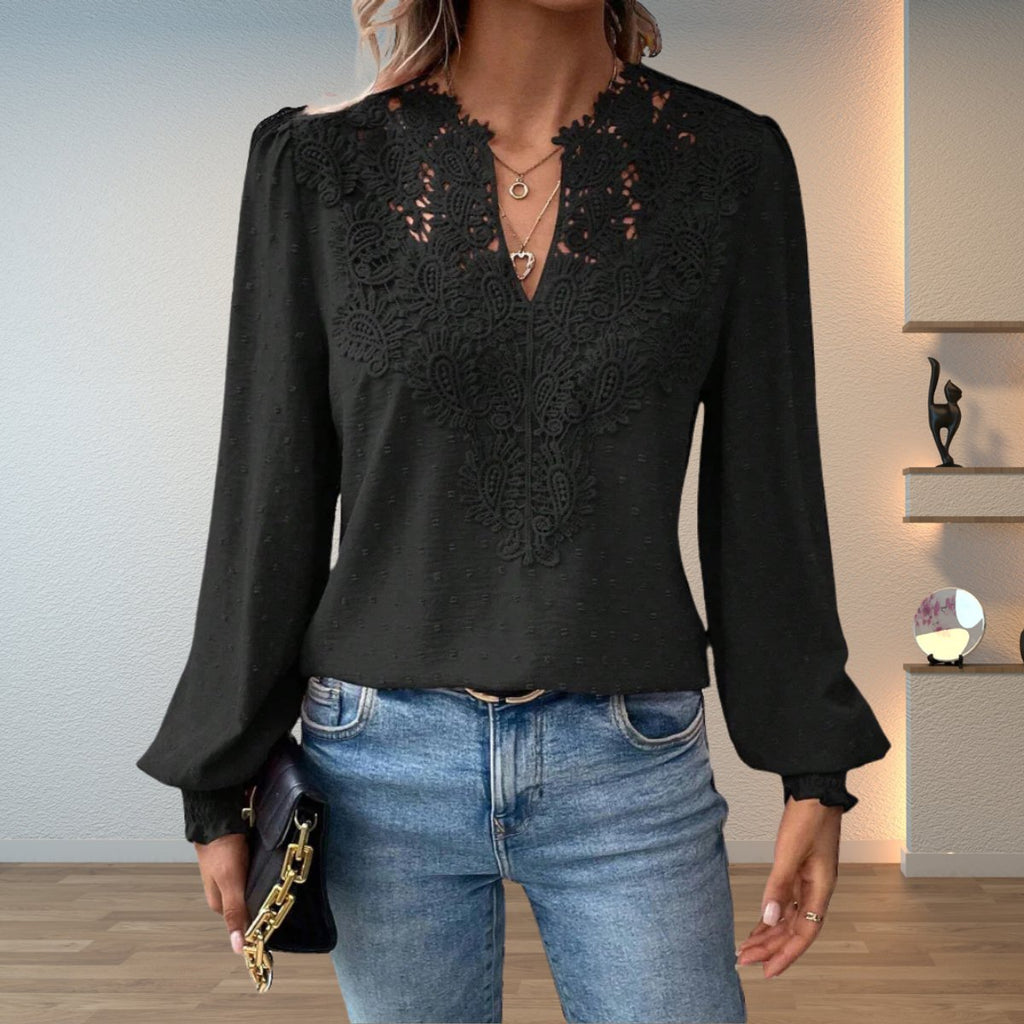 Women's Lace Bodice V-Neck Long Sleeve Blouse - Black