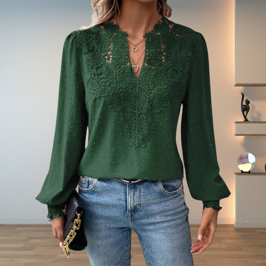 Women's Lace Bodice V-Neck Long Sleeve Blouse - Dark Green
