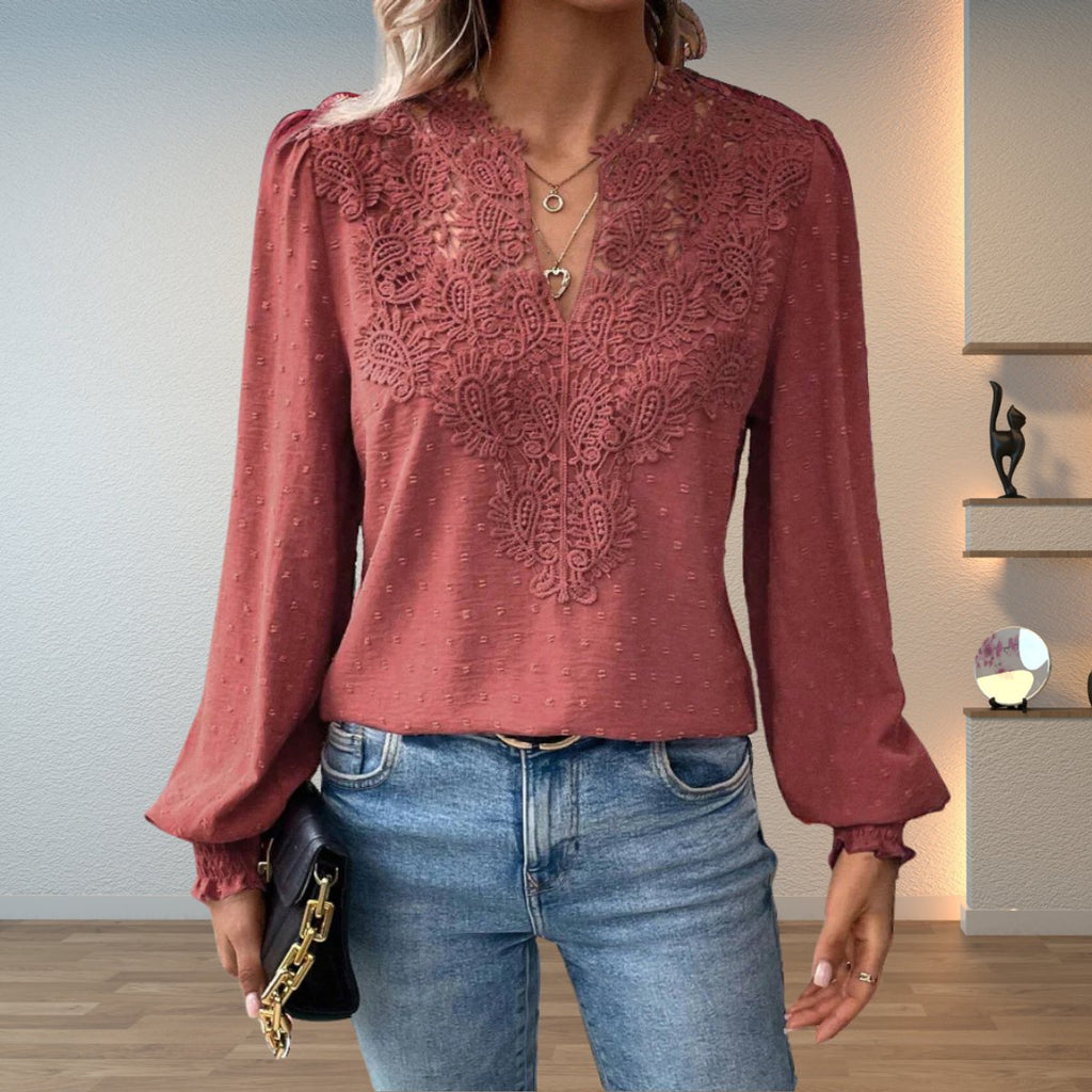 Women's Lace Bodice V-Neck Long Sleeve Blouse - Dusty Pink