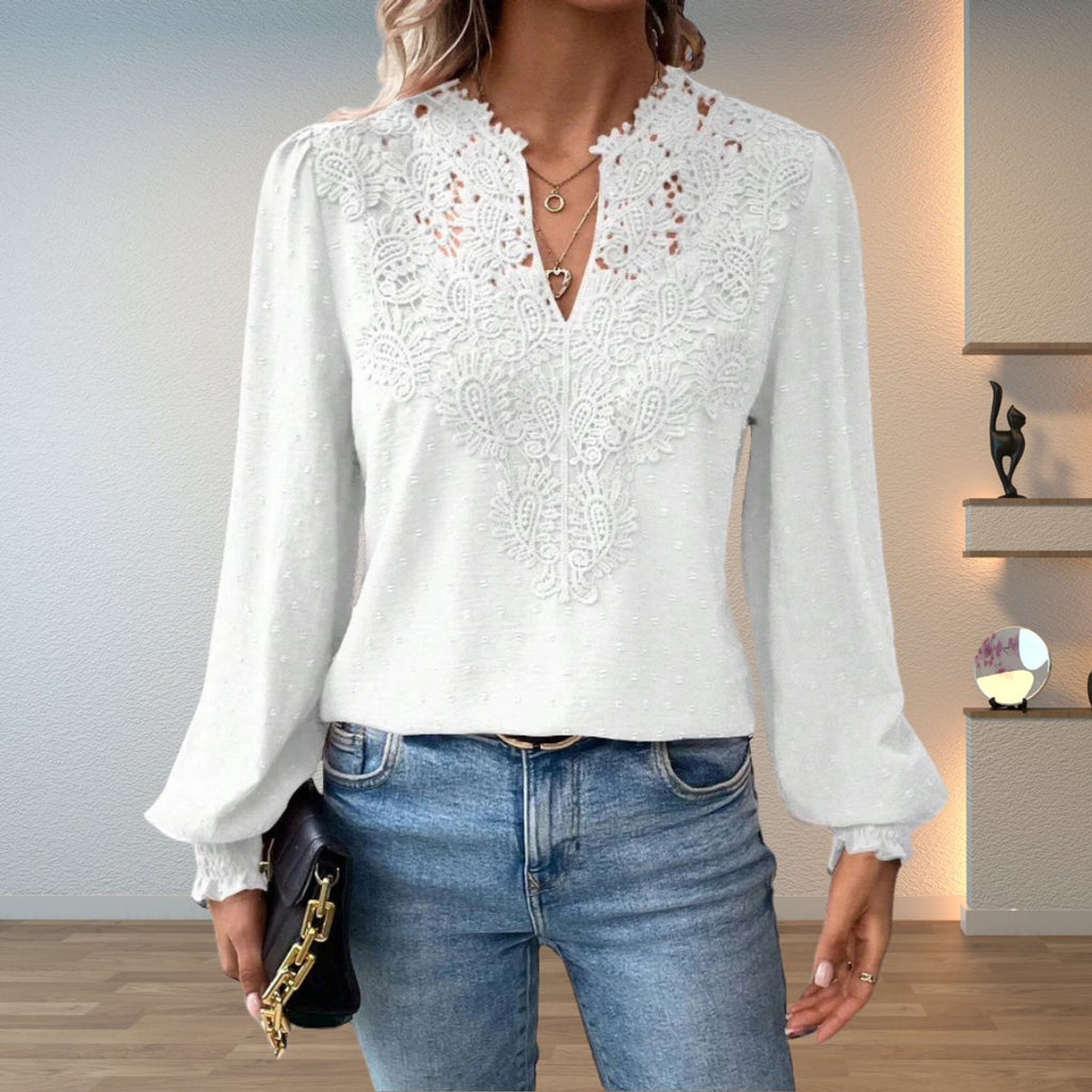 Women's Lace Bodice V-Neck Long Sleeve Blouse - White