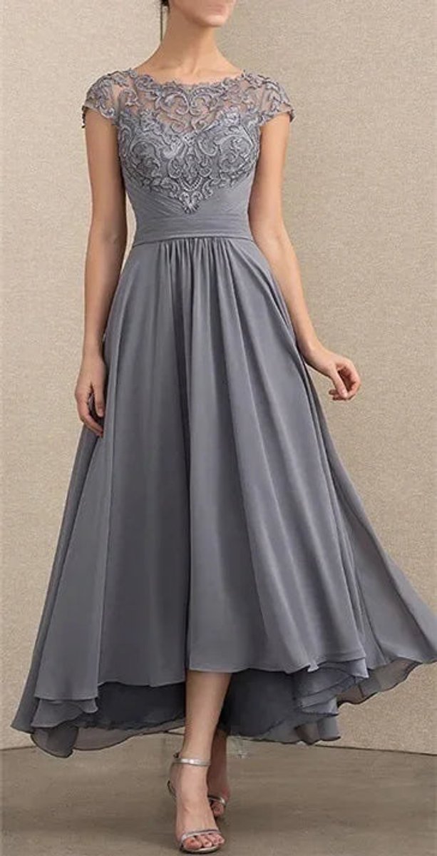 Women's Lace Chiffon A-Line Formal Dresses Cap Sleeve Maxi Gown - Gray