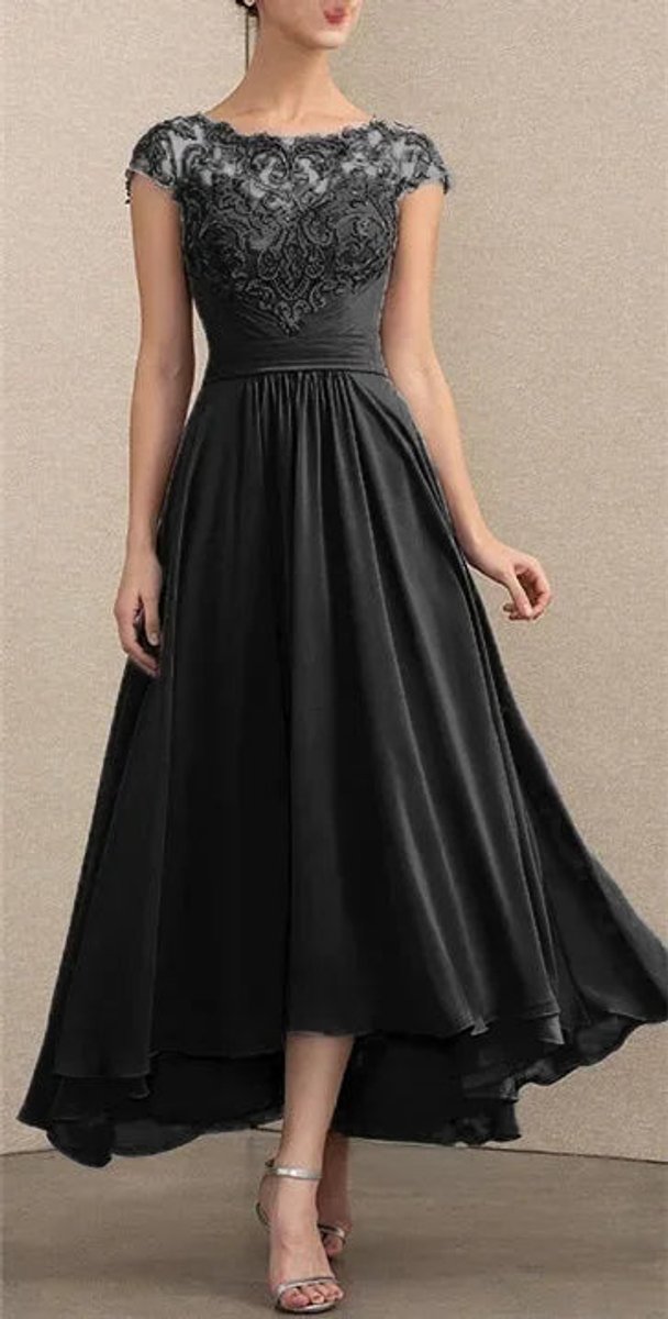 Women's Lace Chiffon A-Line Formal Dresses Cap Sleeve Maxi Gown - Black