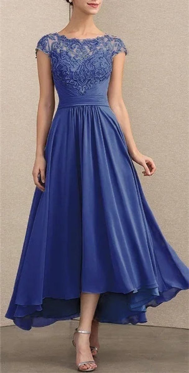 Women's Lace Chiffon A-Line Formal Dresses Cap Sleeve Maxi Gown - Blue