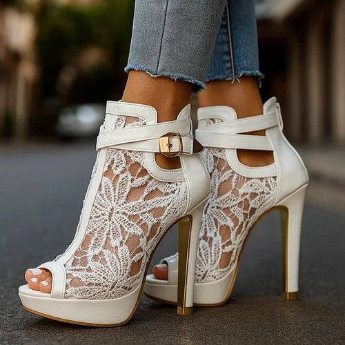 Women's Lace Peep-Toe Stiletto Ankle-Strap Platform Heels
