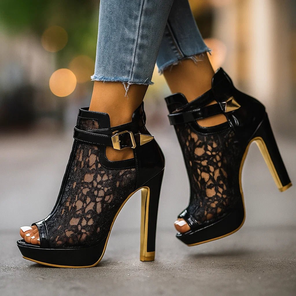 Women's Lace Peep-Toe Stiletto Ankle-Strap Platform Heels