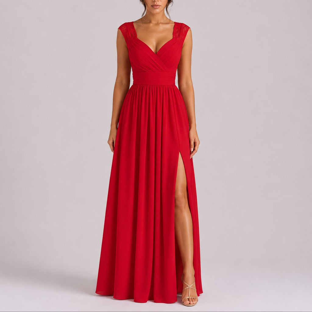 Women's Lace Shoulder V-Neck Maxi Fall Wedding Guest Dresses Side Slit - Red