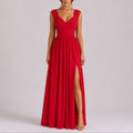 Women's Lace Shoulder V-Neck Maxi Fall Wedding Guest Dresses Side Slit - Red