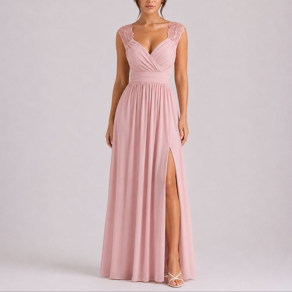 Women's Lace Shoulder V-Neck Maxi Fall Wedding Guest Dresses Side Slit - Pink