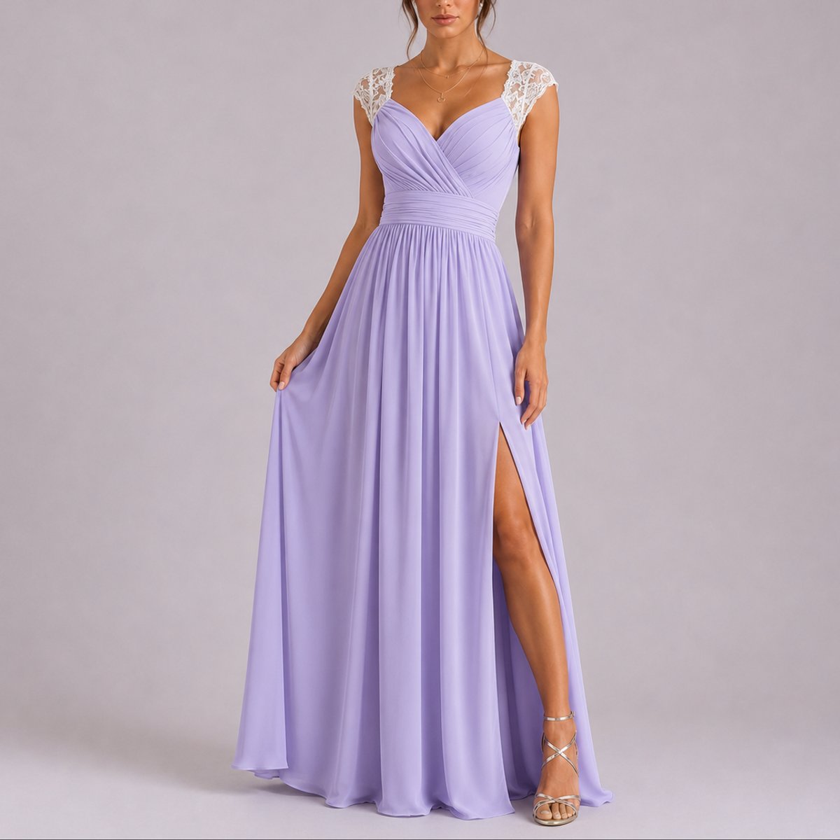 Women's Lace Shoulder V-Neck Maxi Fall Wedding Guest Dresses Side Slit - Purple
