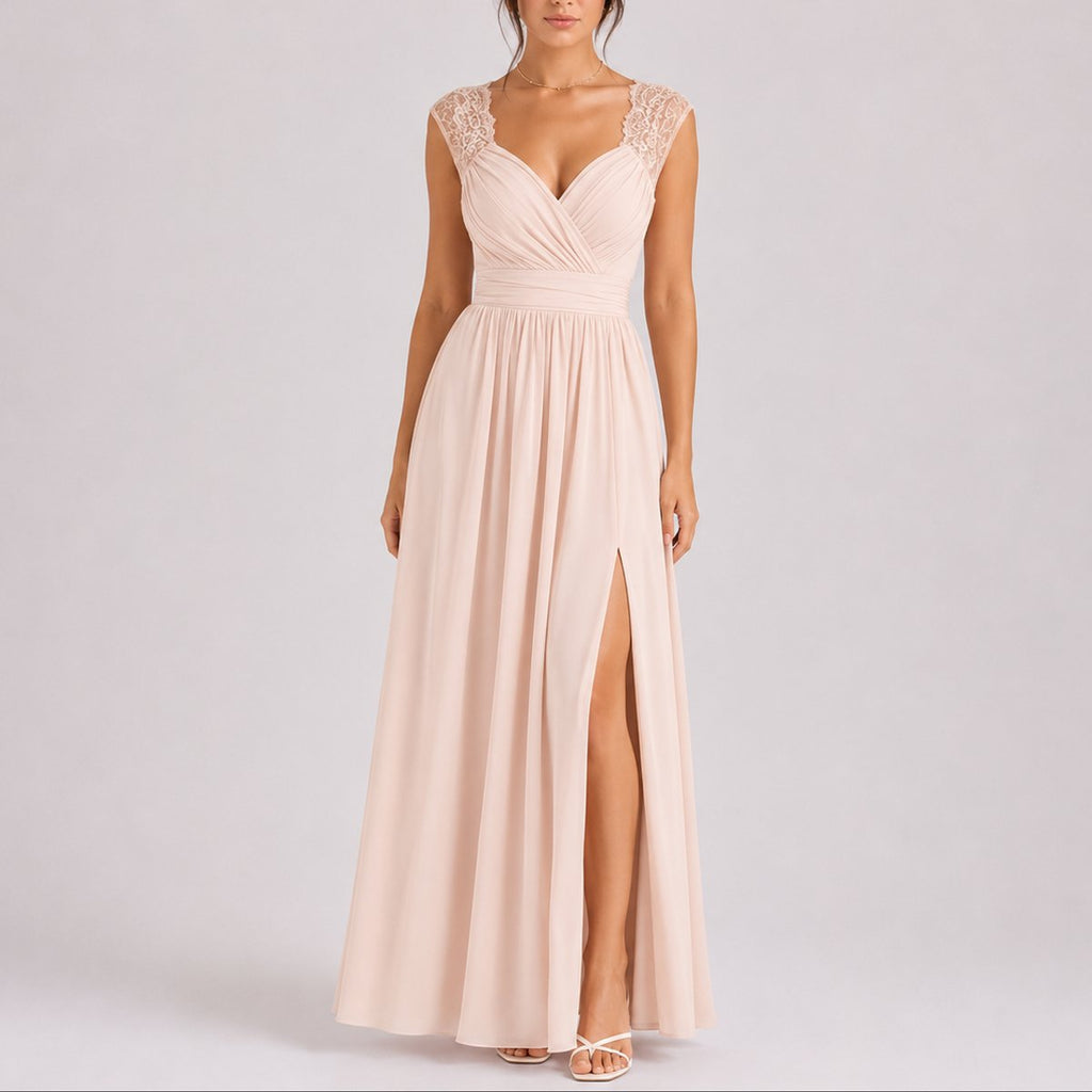 Women's Lace Shoulder V-Neck Maxi Fall Wedding Guest Dresses Side Slit - Beige
