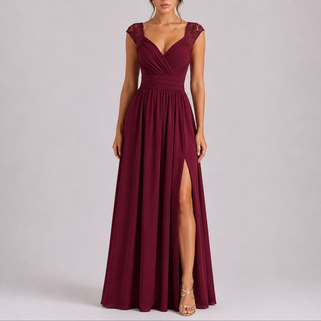 Women's Lace Shoulder V-Neck Maxi Fall Wedding Guest Dresses Side Slit - Red Carpet