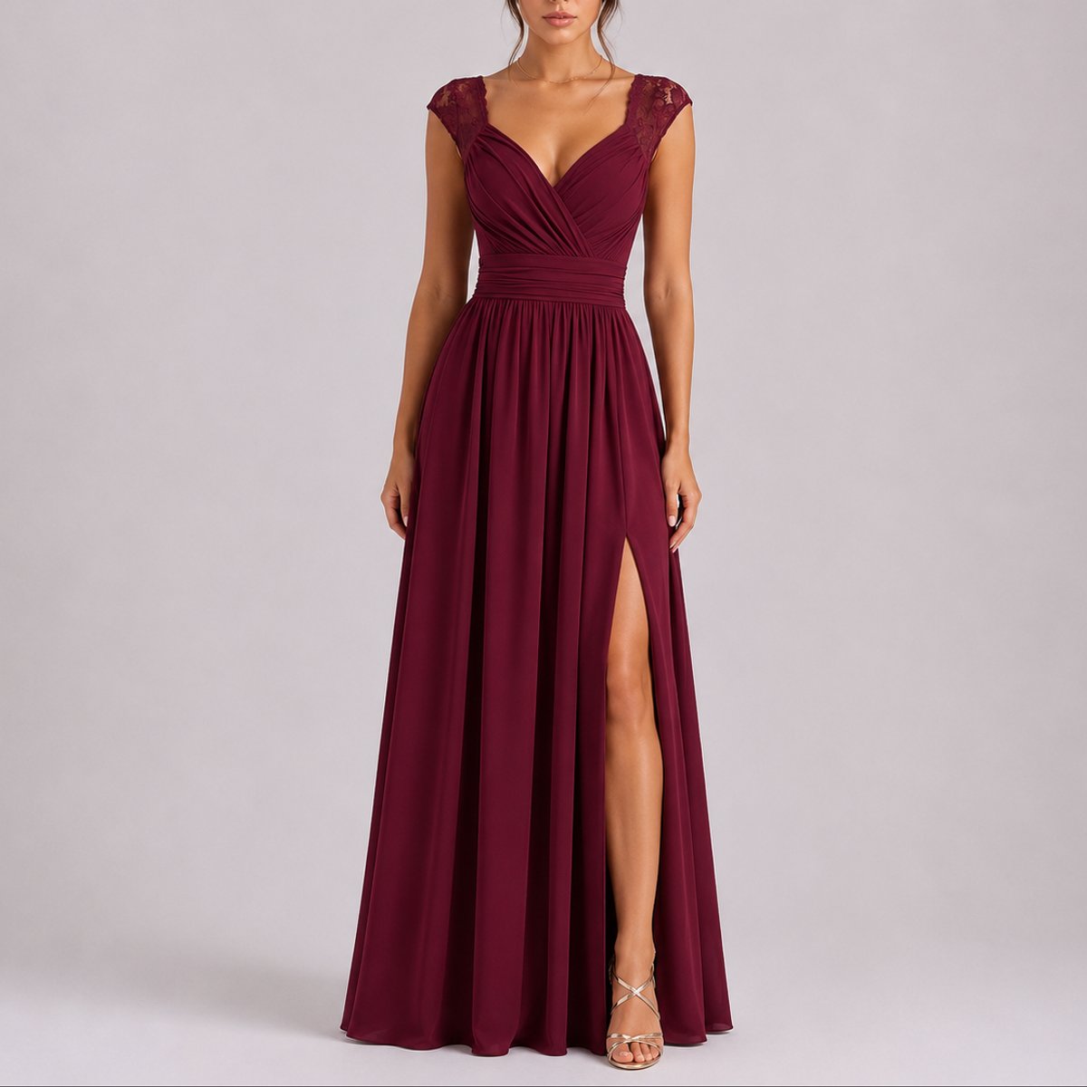 Women's Lace Shoulder V-Neck Maxi Fall Wedding Guest Dresses Side Slit - Red Carpet