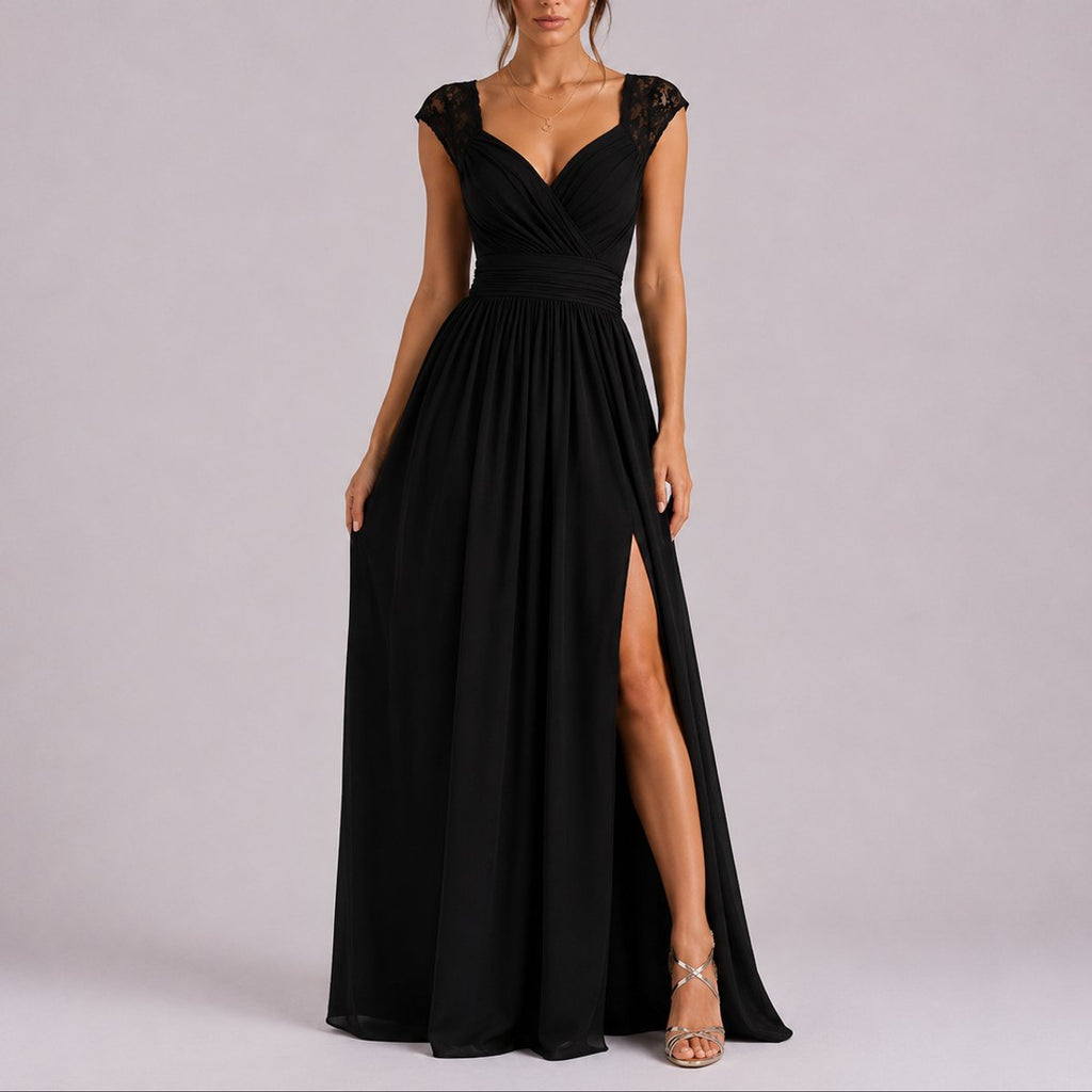 Women's Lace Shoulder V-Neck Maxi Fall Wedding Guest Dresses Side Slit - Black