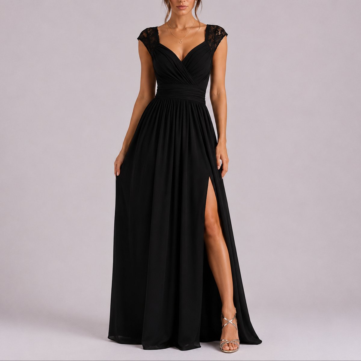 Women's Lace Shoulder V-Neck Maxi Fall Wedding Guest Dresses Side Slit - Black