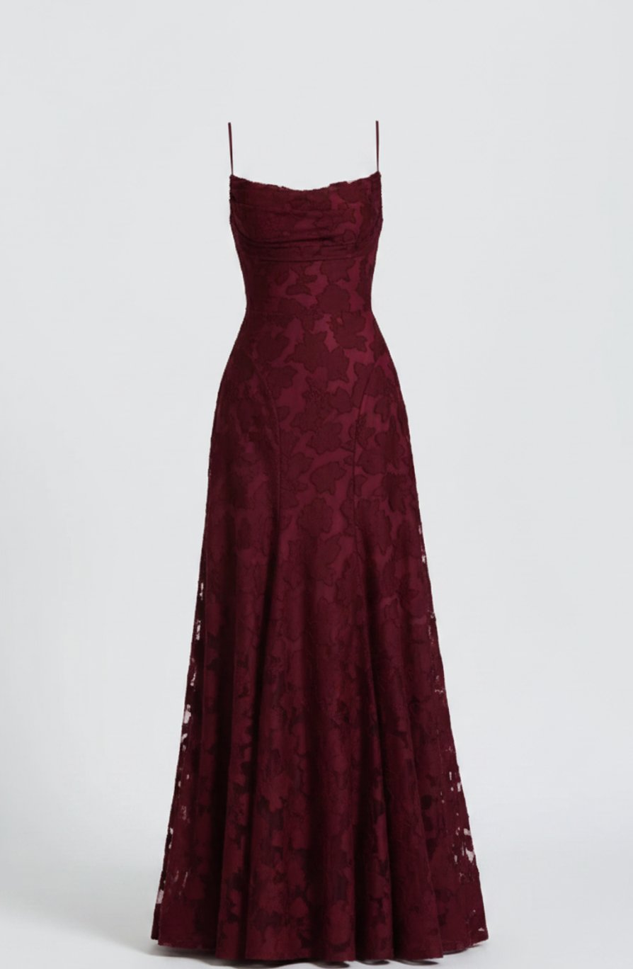 Women's Lace Spaghetti-Strap Formal Maxi Gown Christmas Party Dress - Wine Red