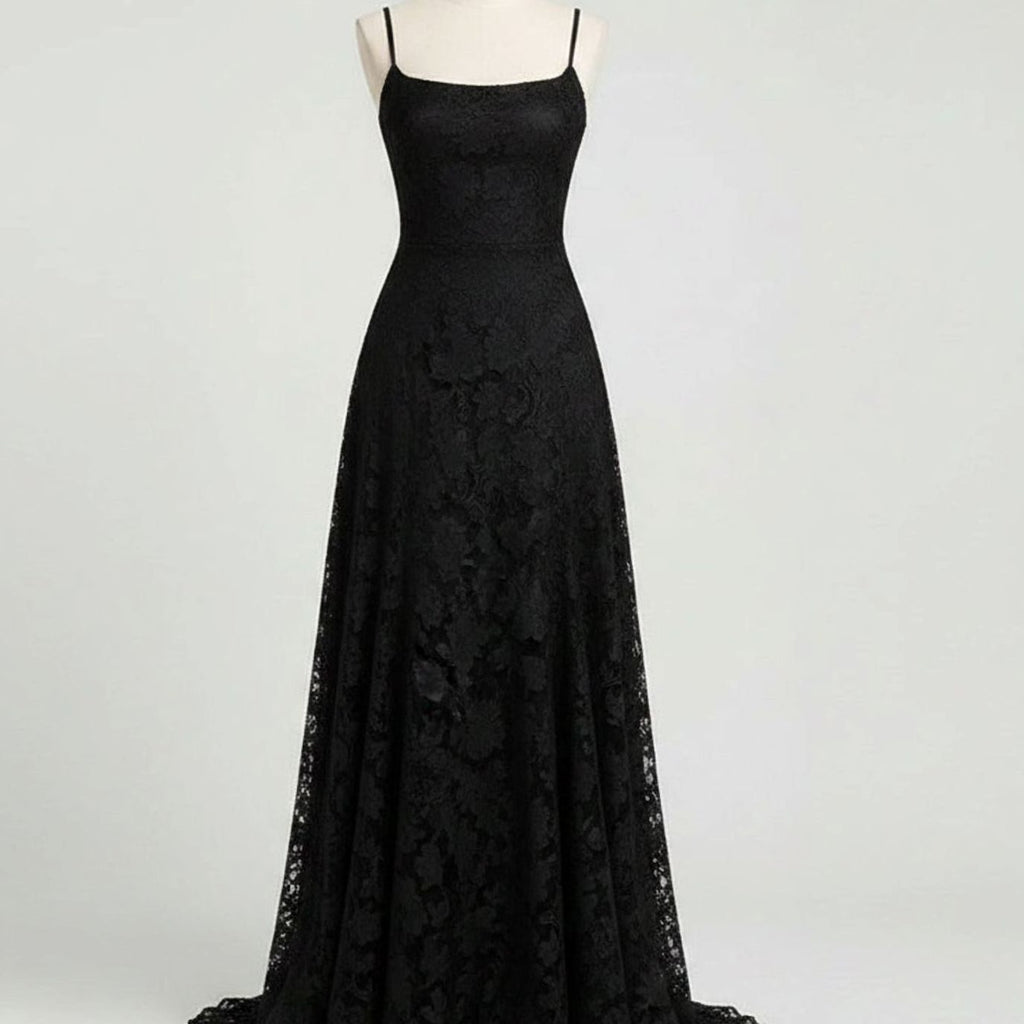 Women's Lace Spaghetti-Strap Formal Maxi Gown Christmas Party Dress - Black