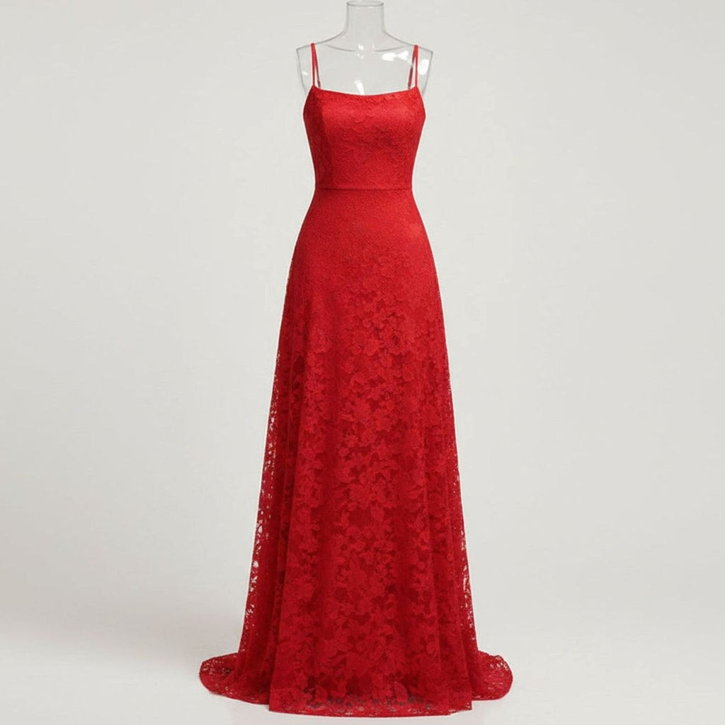 Women's Lace Spaghetti-Strap Formal Maxi Gown Christmas Party Dress - Red