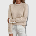 Women's Lace-Trim Ribbed-Cuff Knit Crew-Neck Sweater - Apricot