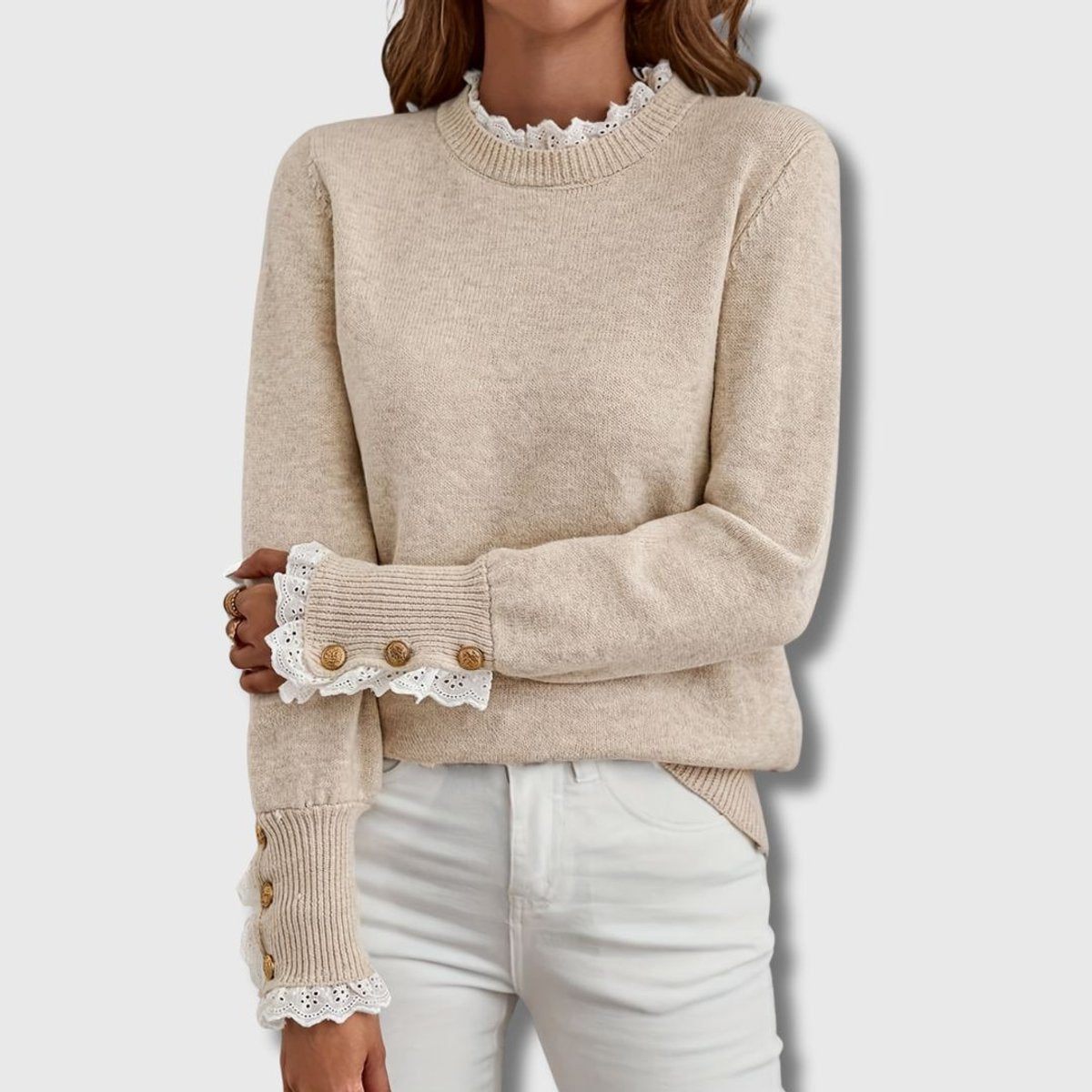Women's Lace-Trim Ribbed-Cuff Knit Crew-Neck Sweater - Apricot