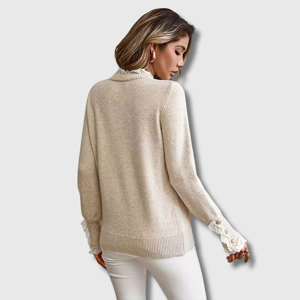 Women's Lace-Trim Ribbed-Cuff Knit Crew-Neck Sweater