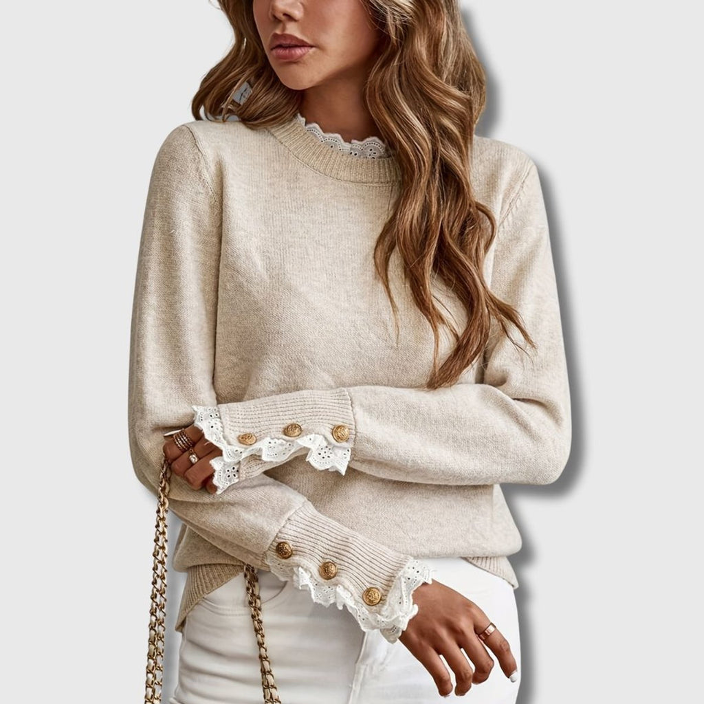 Women's Lace-Trim Ribbed-Cuff Knit Crew-Neck Sweater