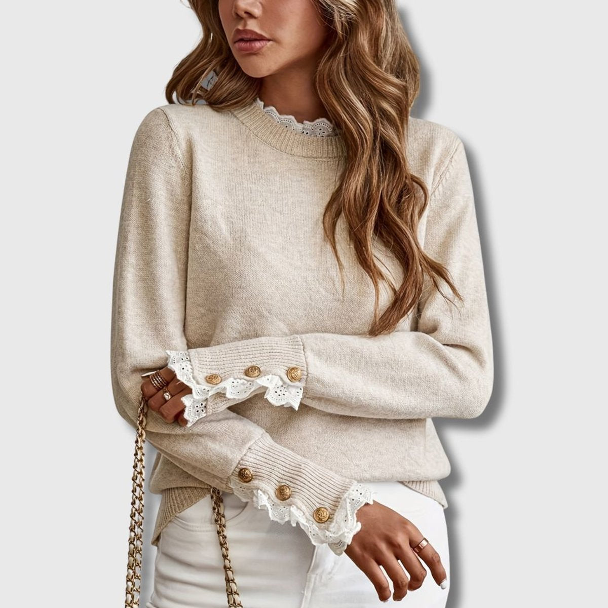 Women's Lace-Trim Ribbed-Cuff Knit Crew-Neck Sweater