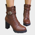 Women's Lace-Up Block-Heel Buckle Strap Combat Ankle Boots - Brown