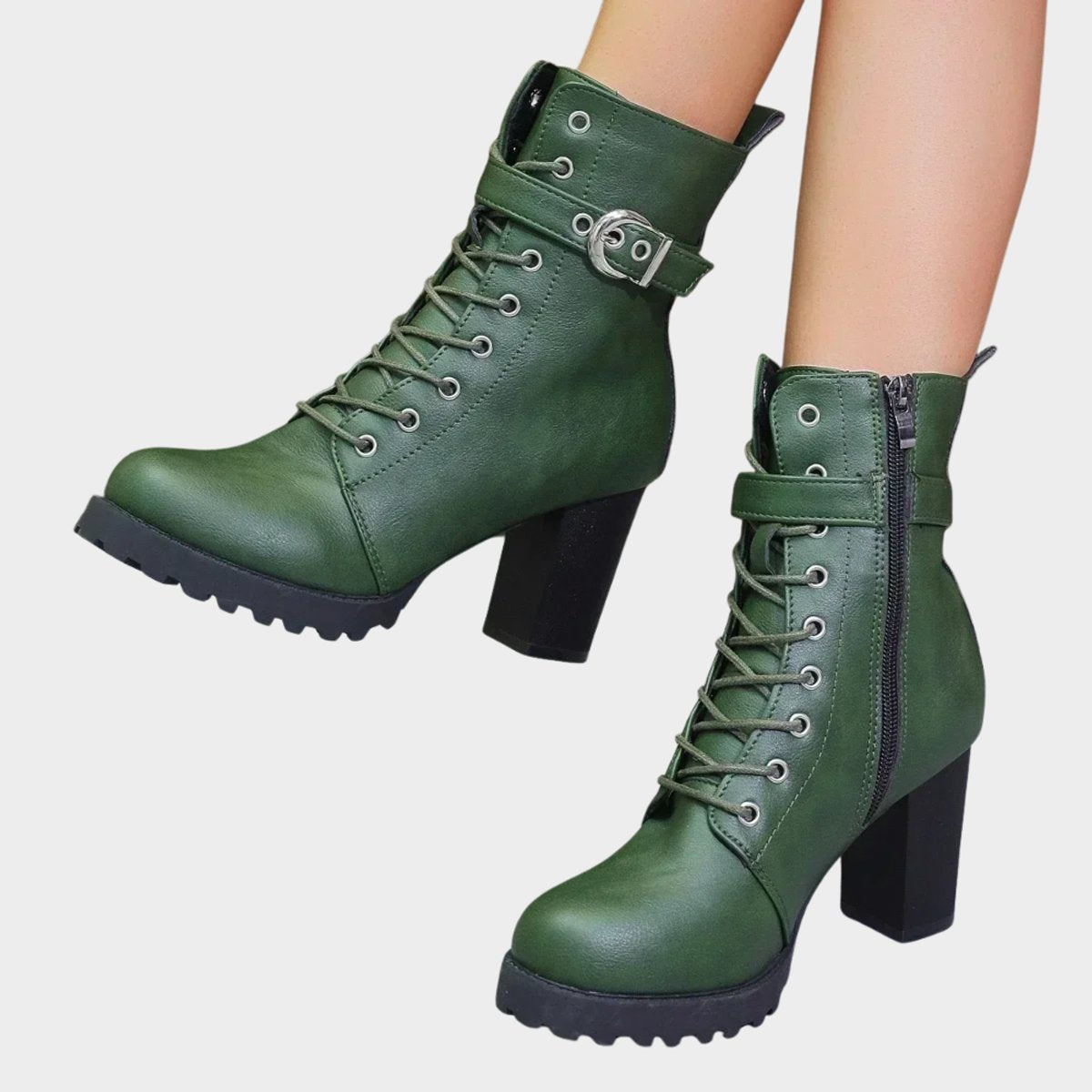 Women's Lace-Up Block-Heel Buckle Strap Combat Ankle Boots - Green